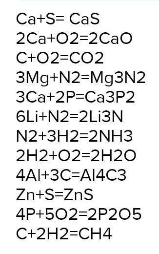 Ca+S= Na+N2= Mg+O2= Al+Br2= Li+P=