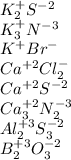 K_2^+S^{-2}\\K_3^+N^{-3}\\K^+Br^-\\Ca^{+2}Cl_2^-\\Ca^{+2}S^{-2}\\Ca^{+2}_3N_2^{-3}\\Al_2^{+3}S_3^{-2}\\B_2^{+3}O_3^{-2}
