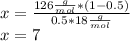 x=\frac{126\frac{g}{mol}*(1-0.5)}{0.5*18\frac{g}{mol}} \\x=7
