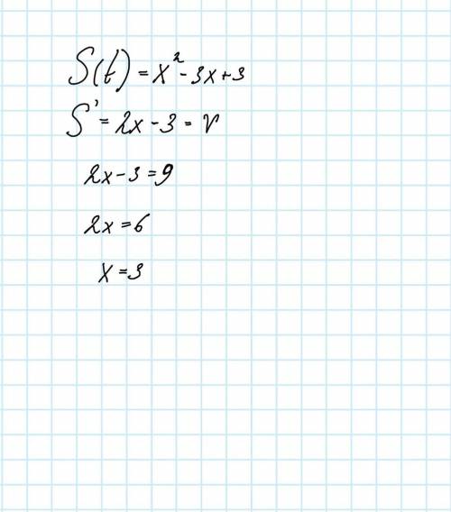 Тело движется по закону S(t) = х2 – 3х + 3. Определить, в какой момент времени скорость будет равна