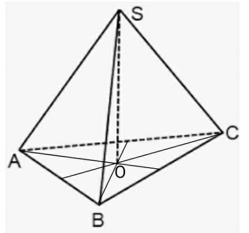 Площадь треугольника ABC равна 10, причём высоты пересекаются в точке О. Найдите длину OS в правильн