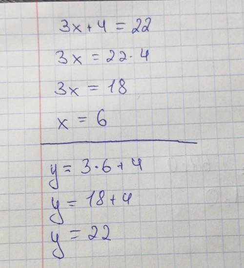 При каком значении x функция y=3x+4 принимает значение,равное 22?