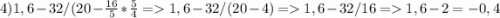 4) 1,6-32/(20-\frac{16}{5}*\frac{5}{4} = 1,6-32/(20-4)=1,6-32/16= 1,6-2 = -0,4