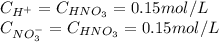 C_{H^+}=C_{HNO_3}=0.15mol/L\\C_{NO_3^-}=C_{HNO_3}=0.15mol/L