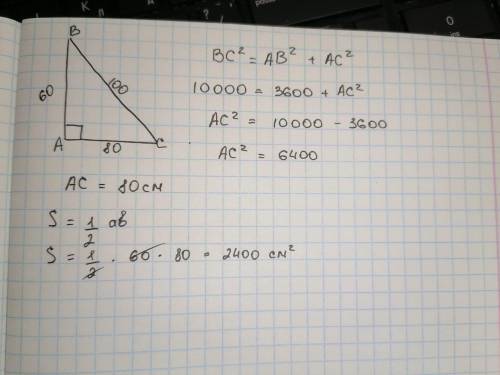 Катет прямоугольного треугольника равен 60см а гипотенуза равна 100см. Найди площадь треугольника. о