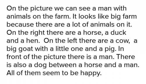 Task 2. Look at the picture below. Describe it. Start sentence with it and there. On the farm Exampl