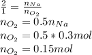 \frac{2}{1} =\frac{n_{Na}}{n_{O_2}} \\n_{O_2}=0.5n_{Na}\\n_{O_2}=0.5*0.3mol\\n_{O_2}=0.15mol