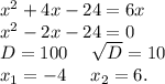 x^2+4x-24=6x\\x^2-2x-24=0\\D=100\ \ \ \ \sqrt{D}=10\\x_1=-4\ \ \ \ x_2=6.