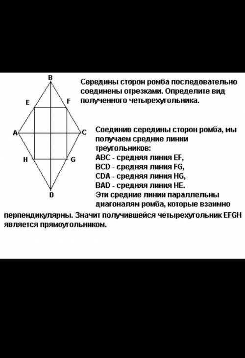 Если середины сторон любого ромба последовательно соединить отрезками, то образовавшийся четырехугол