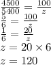 \frac{4500}{5400} = \frac{100}{z} \\ \frac{5}{6} = \frac{100}{z} \\ \frac{1}{6} = \frac{20}{z} \\ z = 20 \times 6 \\ z = 120