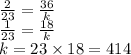 \frac{2}{23} = \frac{36}{k} \\ \frac{1}{23} = \frac{18}{k} \\ k = 23 \times 18 = 414