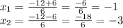 x_{1} = \frac{ - 12 + 6}{6} = \frac{ - 6}{6} = - 1 \\ x_{2} = \frac{ - 12 - 6}{6} = \frac{ - 18}{6} = - 3