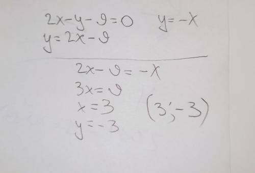 Знайдіть точку перетину прямих 2х - у - 9 = 0 і у = - х