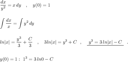 \displaystyle \dfrac{dx}{y^2}=x\, dy\ \ \ ,\ \ \ y(0)=1int \frac{dx}{x}=\int y^2\, dyln|x|=\frac{y^3}{3}+\frac{C}{3}\ \ \ ,\ \ \ 3ln|x|=y^3+C\ \ ,\ \ \ \underline{\ y^3=3\, ln|x|-C\ }\ \ .y(0)=1:\ 1^3=3\, ln0-C