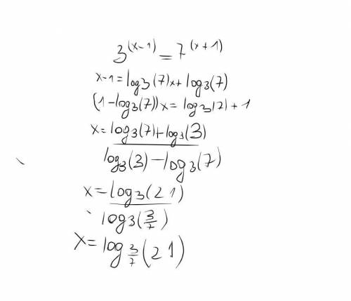 Решите показательное уравнение уравнение 3^(x-1)=7^(x+1)