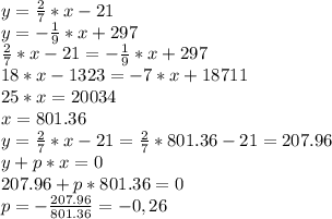 y = \frac{2}{7}*x - 21 \\y = -\frac{1}{9}*x + 297\\\frac{2}{7}*x - 21 = -\frac{1}{9}*x + 297\\18*x - 1 323 = -7*x + 18711\\25*x = 20034\\x = 801.36\\y = \frac{2}{7}*x - 21 = \frac{2}{7}*801.36 - 21 = 207.96\\y + p*x = 0\\207.96 + p*801.36 = 0\\p = -\frac{207.96}{801.36} = -0,26\\