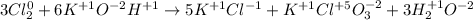 3Cl_2^0+6K^{+1}O^{-2}H^{+1}\rightarrow5K^{+1}Cl^{-1}+K^{+1}Cl^{+5}O^{-2}_3+3H^{+1}_2O^{-2}