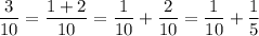 \displaystyle \frac{3}{10}=\frac{1+2}{10}= \frac{1}{10}+\frac{2}{10}=\frac{1}{10}+\frac{1}{5}