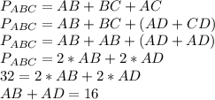 P_{ABC}=AB+BC+AC\\P_{ABC}=AB+BC+(AD+CD)\\P_{ABC}=AB+AB+(AD+AD)\\P_{ABC}=2*AB+2*AD\\32=2*AB+2*AD\\AB+AD=16