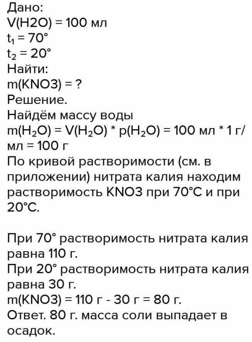 . 200г воды насыщают нитратом калия (KNO3) до 60С. Раствор охлаждают до 0С. Определите массу соли, в