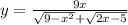 y = \frac{9x}{ \sqrt{9 - x {}^{2} } + \sqrt{2x - 5} }