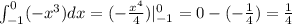 \int_{ - 1}^{0}( - {x}^{3})dx = (- \frac{ {x}^{4} }{4} )| _{ - 1}^{0} = 0 - ( - \frac{1}{4} ) = \frac{1}{4}