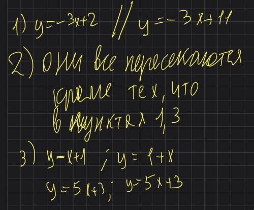 Графики каких ленейных функции:y=-3x+2 1)параллейны 2)перисикаются 3)совподают какой ответ правильны