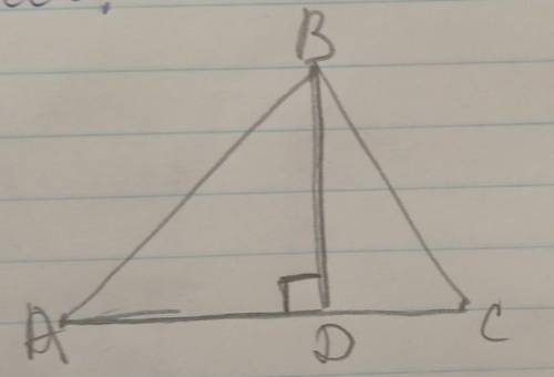 У трикутнику АВС відрізок ВD є висотою.Яка з наведених рівностей випливає з цієї умови?А) АВ=ВС;Б) К