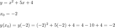 y=x^2+5x+4x_0=-2y(x_0)=y(-2)=(-2)^2+5(-2)+4=4-10+4=-2