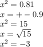 {x}^{2} = 0.81 \\ x = + - 0.9 \\ {x}^{2} = 15 \\ x = \sqrt{15} \\ {x}^{2} = - 3 \\