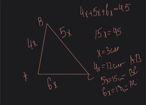 Перимитир трикутника=45см сторони відносяться як 4:5:6