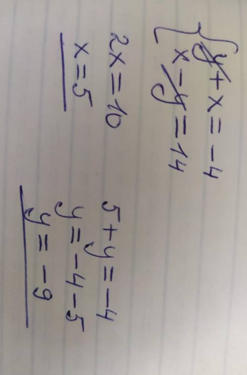 Реши систему уравнений: y+x=−4 x−y=14