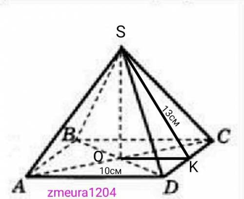 Точка S віддалена від усіх сторін квадрата на 13 см. Обчисліть відстань від точки S до площини квадр