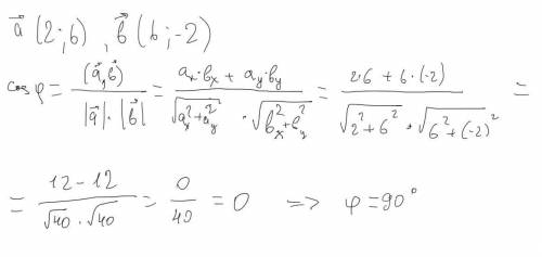 Найди угол между векторами a→(2;6) и b→(6;−2).