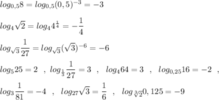 log_{0,5}8=log_{0,5}(0,5)^{-3}=-3log_4\sqrt2=log_44^{\frac{1}{4}}=-\dfrac{1}{4}log_{\sqrt3}\dfrac{1}{27}=log_{\sqrt3}(\sqrt3)^{-6}=-6log_525=2\ \ ,\ \1log_{\frac{1}{3}}\dfrac{1}{27}=3\ \ ,\ \ log_464=3\ \ ,\ \ log_{0,25}16=-2\ \ ,log_3\dfrac{1}{81}=-4\ \ ,\ \ log_{27}\sqrt3=\dfrac{1}{6}\ \ ,\ \ log_{\sqrt[3]{2}}0,125=-9