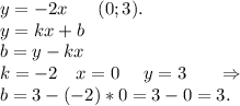 y=-2x\ \ \ \ \ (0;3).\\y=kx+b\\b=y-kx\\k=-2\ \ \ x=0\ \ \ \ y=3\ \ \ \ \ \Rightarrow\\b=3-(-2)*0=3-0=3.\\