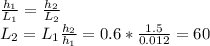 \frac{h_{1}}{L_{1}} = \frac{h_{2}}{L_{2}}\\L_{2} = L_{1} \frac{h_{2}}{h_{1}} = 0.6 * \frac{1.5}{0.012} = 60