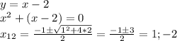 y = x- 2\\x^2 + (x-2) = 0\\x_{12} = \frac{-1 \pm \sqrt{1^2 + 4*2}}{2} = \frac{-1 \pm 3}{2 } = 1; -2