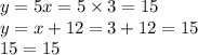 y = 5x = 5 \times 3 = 15 \\ y = x + 12 = 3 + 12 = 15 \\ 15 = 15