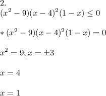 \displaystyle 2.\\(x^2-9)(x-4)^2(1-x)\leq 0 * (x^2-9)(x-4)^2(1-x)=0x^2=9; x= \pm3x=4x=1