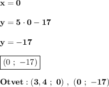 \displaystyle\bf\\x=0y=5\cdot 0-17y=-17boxed{(0 \ ; \ - 17)}Otvet:(3,4 \ ; \ 0) \ , \ (0 \ ; \ -17)