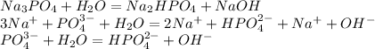 Na_3PO_4+H_2O=Na_2HPO_4+NaOH\\3Na^+ + PO_4^{3- }+ H_2O = 2Na^+ + HPO_4^{2-} + Na^+ + OH^-\\ PO_4^{3- }+H_2O =HPO_4^{2-}+ OH^-