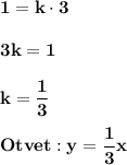 \displaystyle\bf\\1=k\cdot 33k=1k=\frac{1}{3} Otvet:y=\frac{1}{3} x