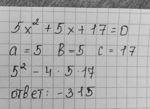 Найди дискриминант квадратного уравнения 5x2+5x+17=0.