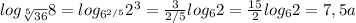 log_{\sqrt[5]{36} }8=log_{6^{2/5} }2^3=\frac{3}{2/5} log_{{6} }2=\frac{15}{2} log_{{6} }2=7,5a