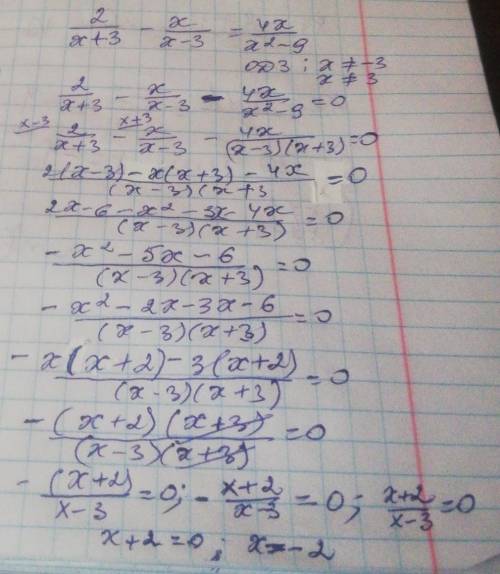 Решите уравнение 2/х + 3 - х/х - 3 = 4х/х² - 9