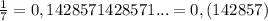 \frac{1}{7}=0,1428571428571...=0,(142857)