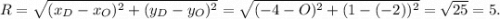 R = \sqrt{(x_D - x_O)^2 + (y_D - y_O)^2} = \sqrt{(-4 - O)^2 + (1 - (-2))^2} = \sqrt{25} = 5.