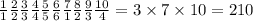 \frac{1}{1} \frac{2}{2} \frac{3}{3} \frac{4}{4} \frac{5}{5} \frac{6}{6} \frac{7}{1} \frac{8}{2} \frac{9}{3} \frac{10}{4} = 3 \times 7 \times 10 = 210