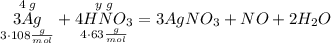 \overset{4\;g}{\underset{3 \cdot 108 \frac{g}{mol}}{3Ag}} + \overset{y\;g}{\underset{4 \cdot 63 \frac{g}{mol}}{4HNO_3}} = 3AgNO_3 + NO + 2H_2O